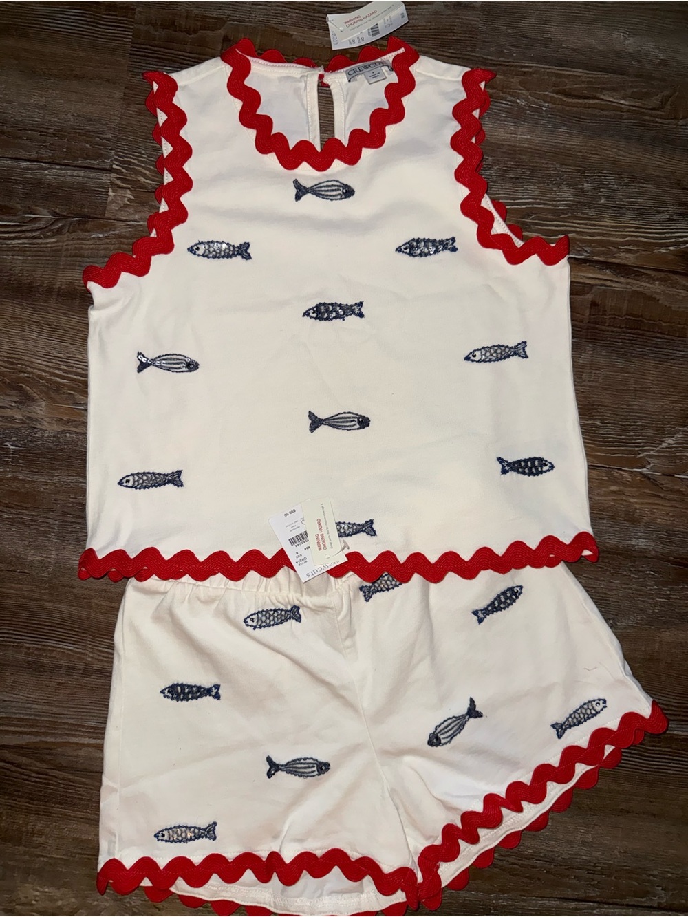 NWT J. Crew Girls' beaded fish Ric Rac pull-on short And Top  in jersey Size 8